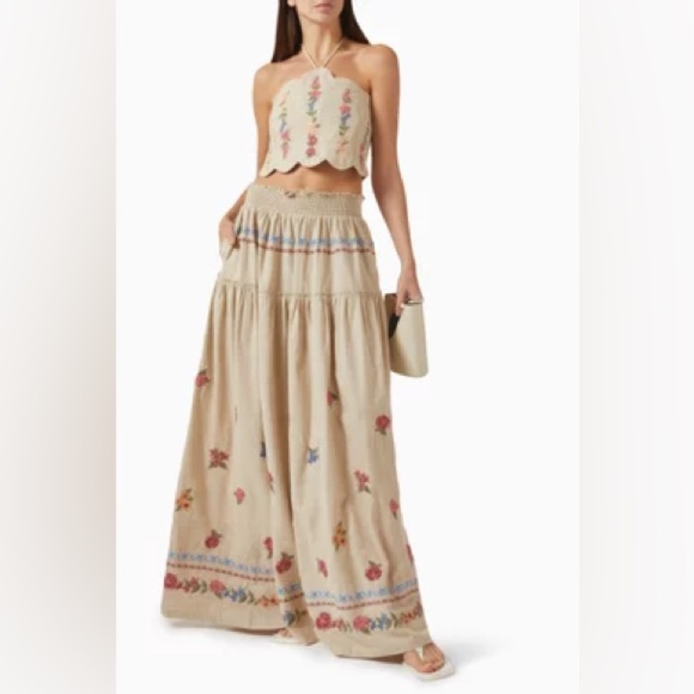 Agua Bendita Beige Maxi Skirt with Multicolor Floral Embroidery